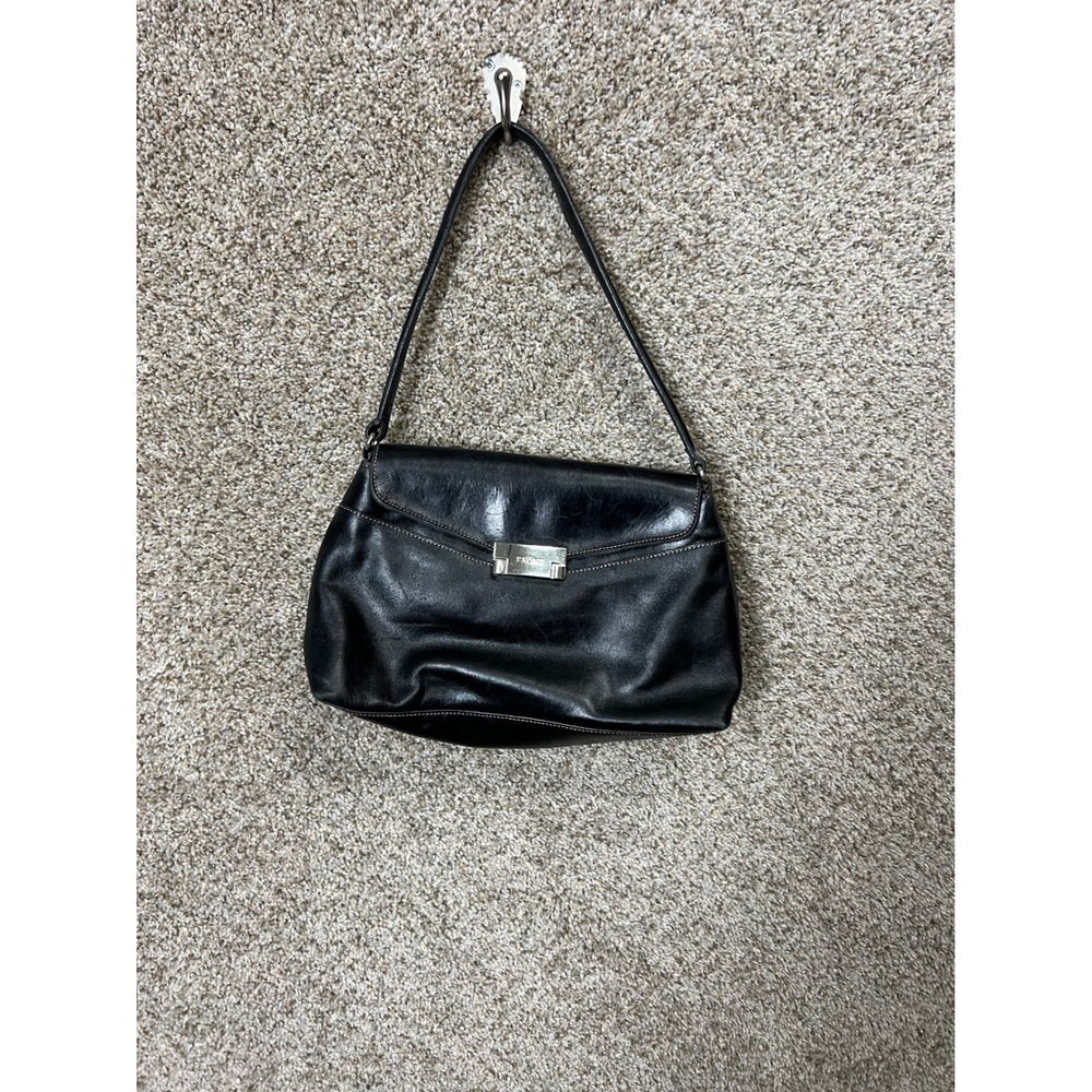 Prune Black Leather Shoulder Bag Flap Baguette Handbag Silver Clasp